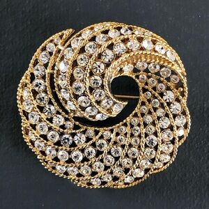 Vintage Monet (1980’s) Rhinestone Gold-Tone Swirl Brooch - 1 3/4” diameter